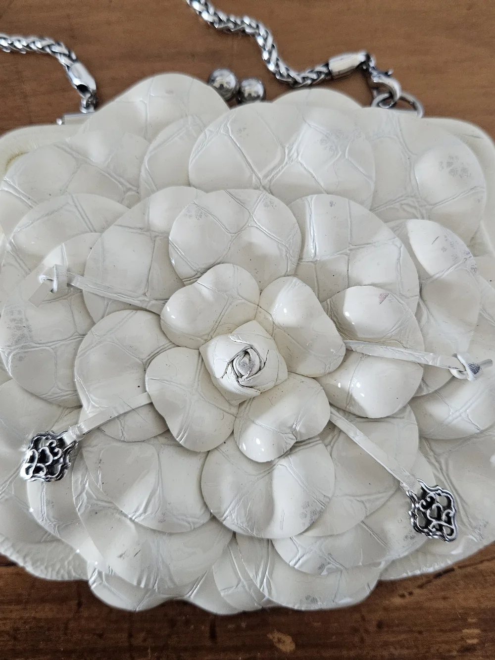 Brighton Cream Floral Leather Wristlet with Silver Chain